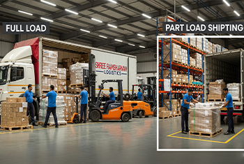 A professional image in a large warehouse showing the difference between full load and part load shipping, with Shree Ramsharnam Logistics team members managing both.