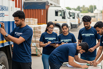 A Shree Ramsharnam Logistics team inspects a branded cargo truck and its contents, highlighting our emphasis on safety and security during transit.