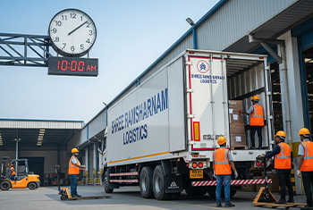 A Shree Ramsharnam Logistics branded truck arriving on time at a warehouse, with workers ready to unload, signifying the importance of timely delivery in logistics.