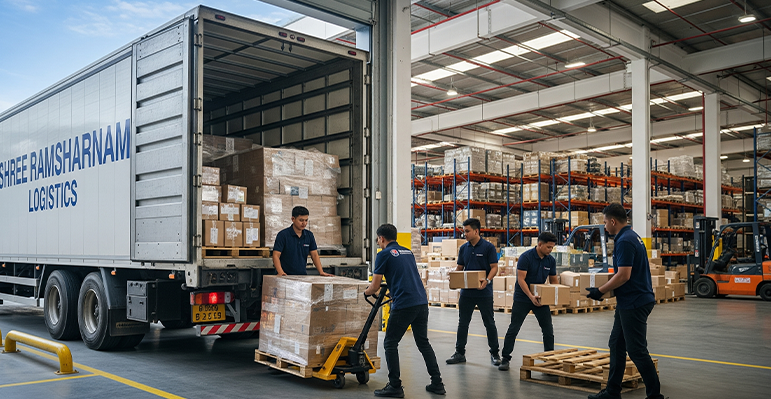 Shree Ramsharnam Logistics truck arriving on time at a warehouse for full load and part load shipping