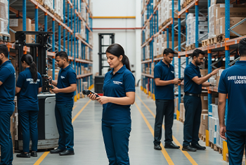 A team of Shree Ramsharnam Logistics workers in a modern warehouse, highlighting how organized and efficient warehousing services are essential for business growth.