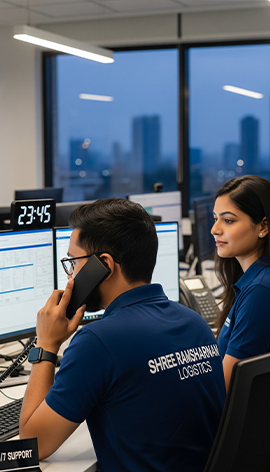 Shree Ramsharnam Logistics team member in a modern office providing 24/7 support to a client over the phone.