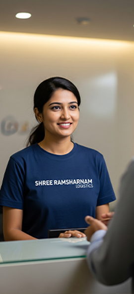 Shree Ramsharnam Logistics team member welcoming a client at the office reception.