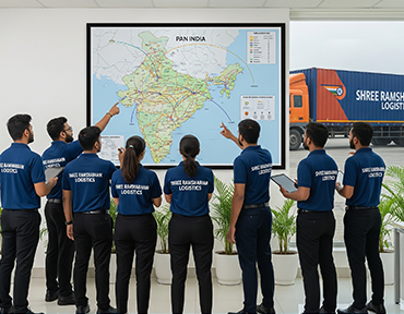 Shree Ramsharnam Logistics team discussing their pan-India network on a large map in an office, with a branded truck visible outside, representing their wide reach and technology.